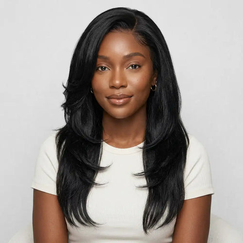 LovelyHair All-Day Comfort Wig 180% Density Butterfly Cut Layered Light Yaki Straight Glueless 7x6 Closure HD Lace Human Hair Wig Pre-Cut Lace