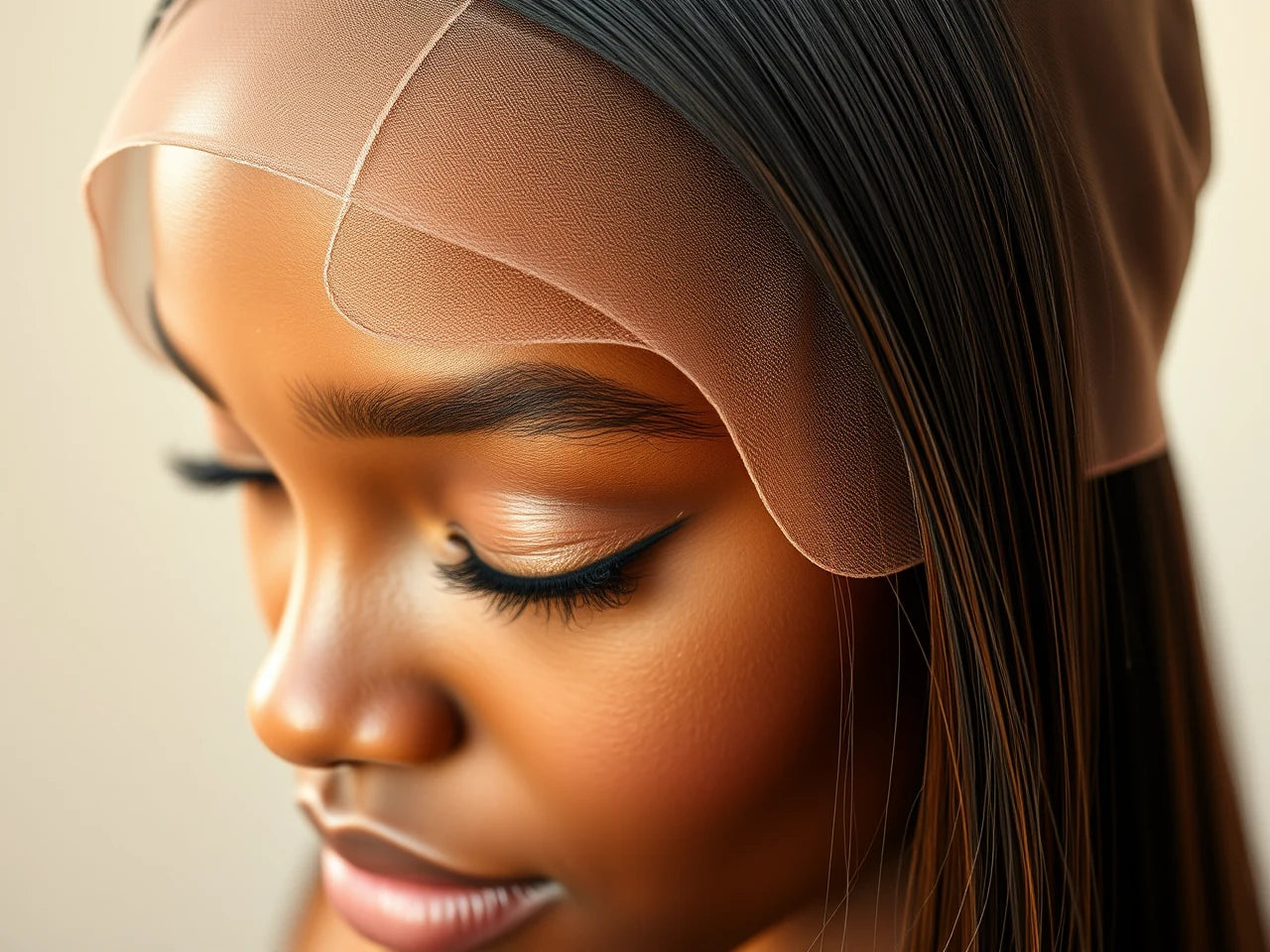 An extreme close-up of a flawless HD lace wig hairline melting into dark skin