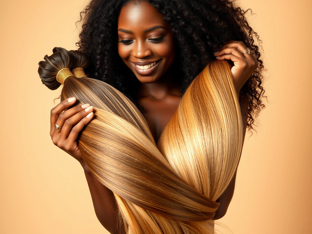A woman holding glossy bundles of 100% ethically sourced human hair