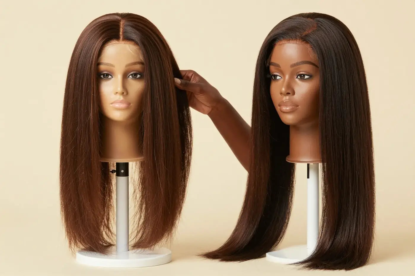 A natural human hair wig next to a synthetic wig on styling stands for comparison