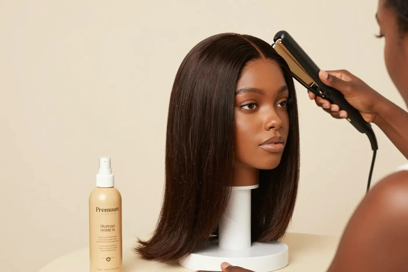 Heat styling a glossy human hair wig on a stand with a flat iron and heat protectant