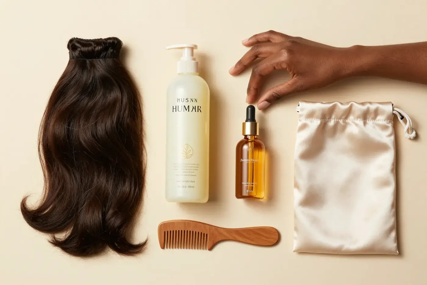 A flat lay of wig maintenance essentials — shampoo, conditioner, serum, comb and satin bag