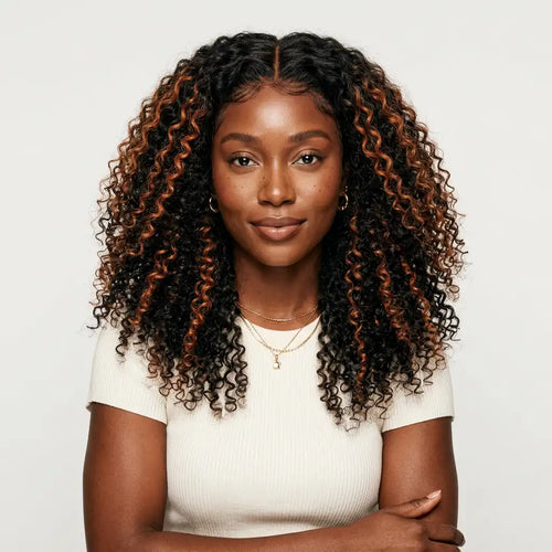 Ani 180% Density Copper Highlight Kinky Curly Glueless 5x5 Lace Closure Wig Pre-Cut Lace