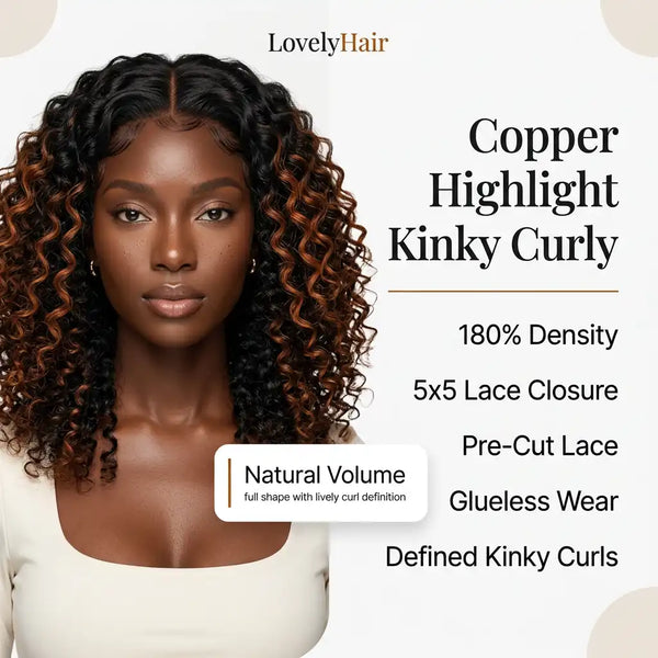 Ani 180% Density Copper Highlight Kinky Curly Glueless 5x5 Lace Closure Wig Pre-Cut Lace