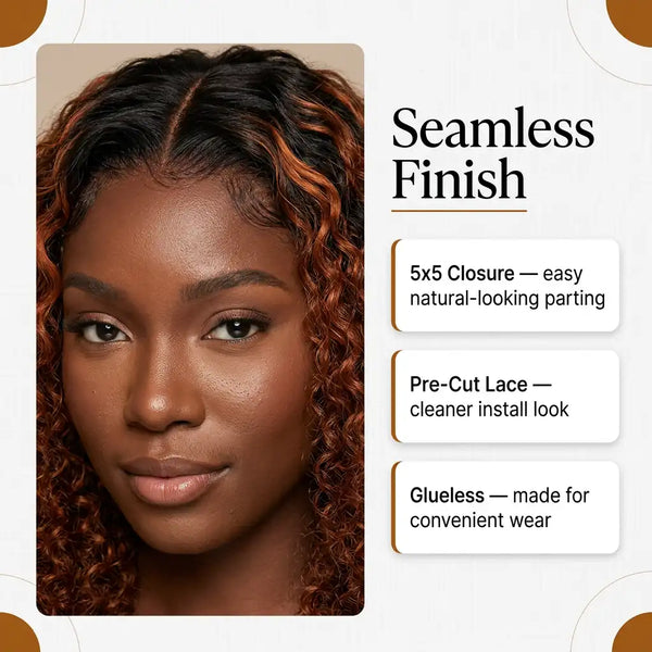 Ani 180% Density Copper Highlight Kinky Curly Glueless 5x5 Lace Closure Wig Pre-Cut Lace