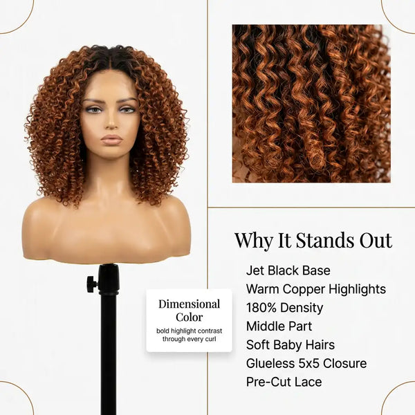 Ani 180% Density Copper Highlight Kinky Curly Glueless 5x5 Lace Closure Wig Pre-Cut Lace