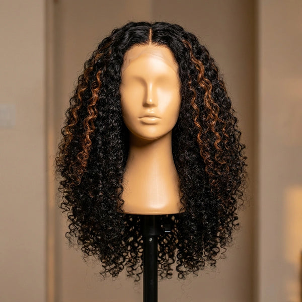 Ani 180% Density Copper Highlight Kinky Curly Glueless 5x5 Lace Closure Wig Pre-Cut Lace
