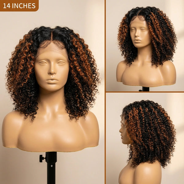 Ani 180% Density Copper Highlight Kinky Curly Glueless 5x5 Lace Closure Wig Pre-Cut Lace