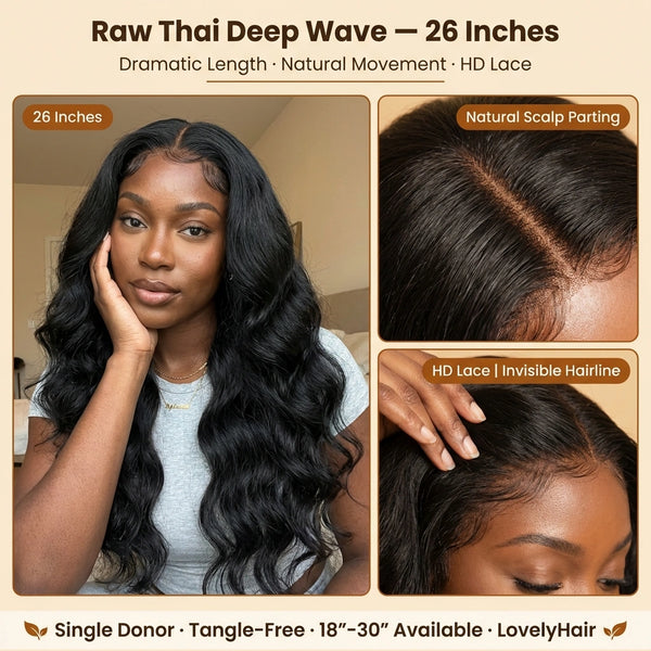 LovelyHair - 100% Raw Thai Human Hair Deep Wave 5x5 7x6 13x4 HD Lace Natural Hairline Wig