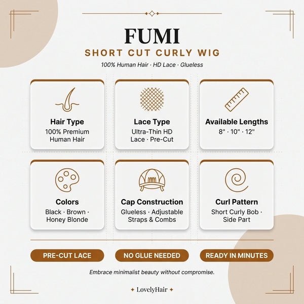 Fumi Short Cut Curly Minimalist HD Lace Glueless Side  or Middle Part Wig 100% Human Hair Pre-Cut Lace