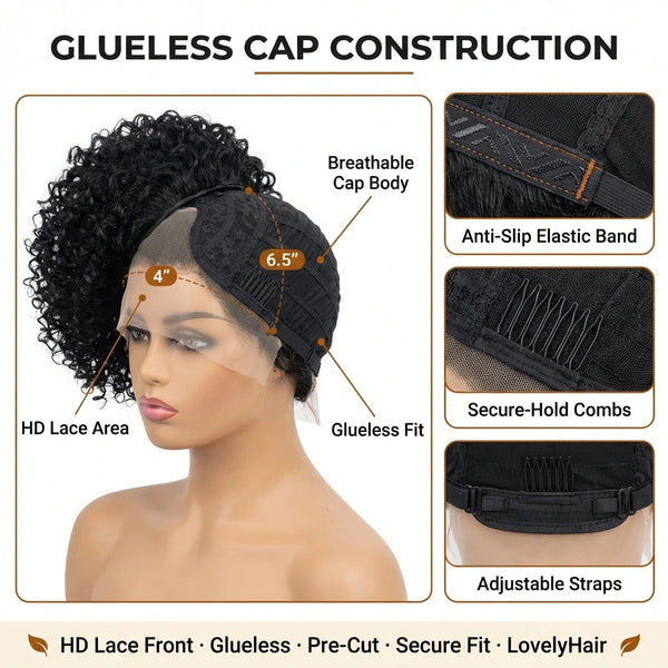 Fumi Short Cut Curly Minimalist HD Lace Glueless Side  or Middle Part Wig 100% Human Hair Pre-Cut Lace