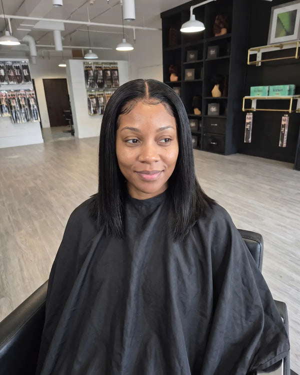 Example of a glueless wig install with a natural, melted hairline at Lovely Hair in West Des Moines