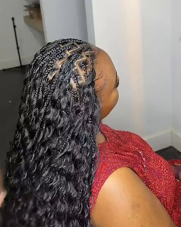 Boho knotless braids done at Lovely Hair in West Des Moines, side view