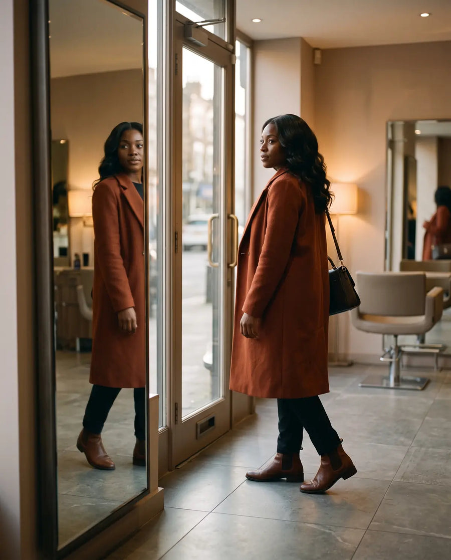 A LovelyHair client leaving the salon, checking her finished hair in the mirror by the door