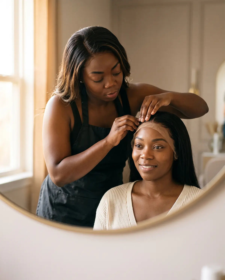 A LovelyHair client smiling in the styling chair as her stylist finishes a glueless lace install