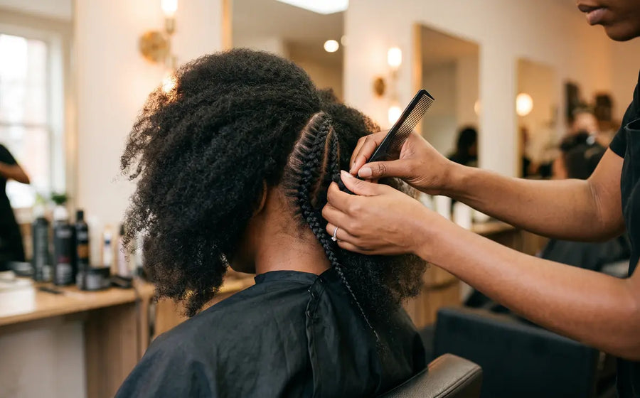 A LovelyHair stylist parting and braiding a client's natural hair
