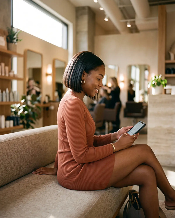A LovelyHair member checking her next appointment on her phone, freshly styled hair over one shoulder
