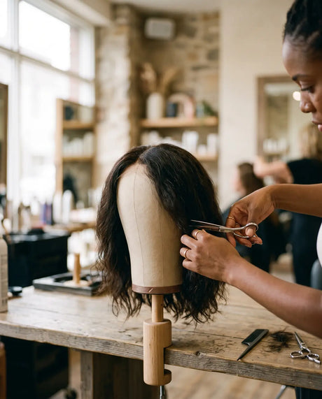 A wig being customised on a salon mannequin head