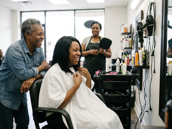 A client laughs in the salon chair after her wig install while a friend and her stylist look on