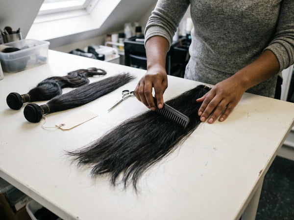 Hands combing a long bundle of natural black human hair on a white work table, next to two more tied bundles