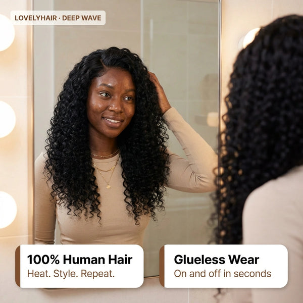 LovelyHair All-Day Comfort Wig 200% Density Deep Wave Glueless 7x6 Closure HD Lace Human Hair Wig Pre-Cut Lace