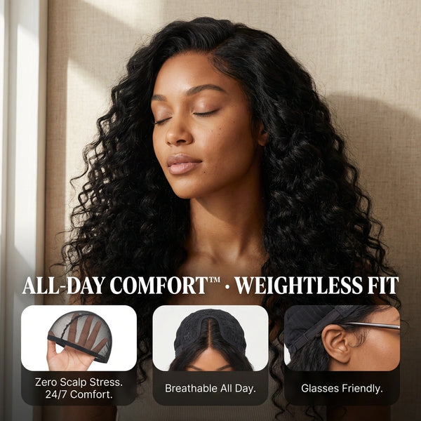 LovelyHair All-Day Comfort Wig 200% Density Deep Wave Glueless 7x6 Closure HD Lace Human Hair Wig Pre-Cut Lace