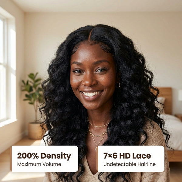 LovelyHair All-Day Comfort Wig 200% Density Deep Wave Glueless 7x6 Closure HD Lace Human Hair Wig Pre-Cut Lace