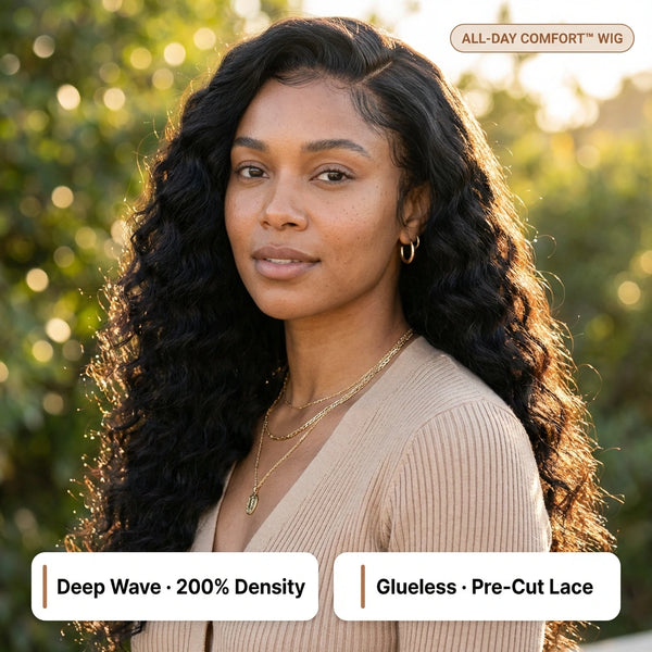 LovelyHair All-Day Comfort Wig 200% Density Deep Wave Glueless 7x6 Closure HD Lace Human Hair Wig Pre-Cut Lace