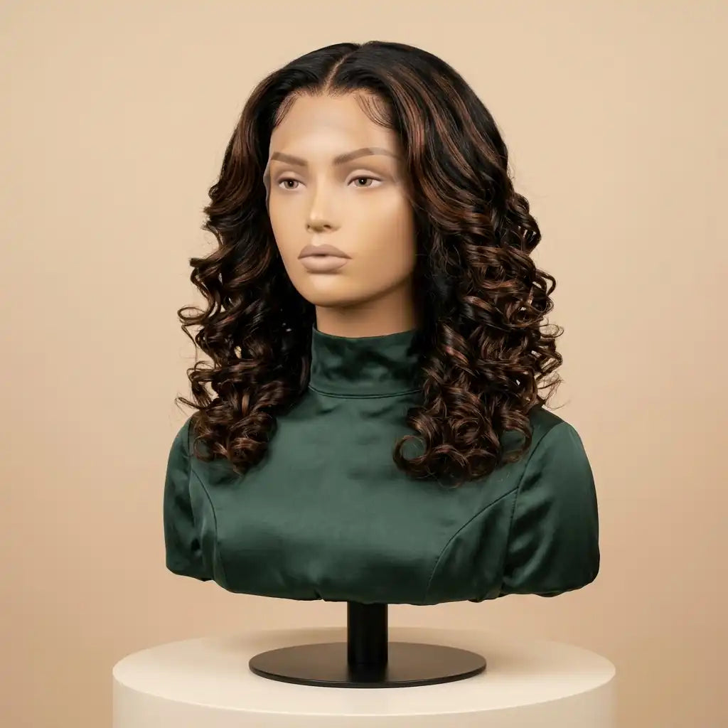 LovelyHair Funmi Curl Glueless Wig – Chestnut Brown Highlight Bouncy HD Lace
