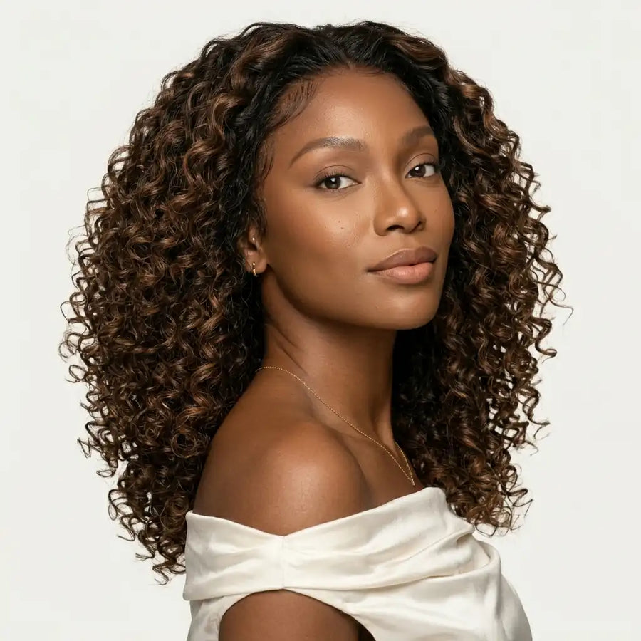 LovelyHair Funmi Curl Glueless Wig – Chestnut Brown Highlight Bouncy HD Lace