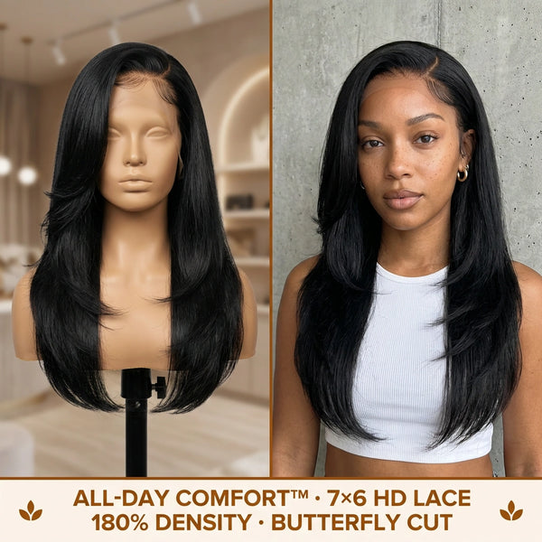 LovelyHair All-Day Comfort Wig 180% Density Butterfly Cut Layered Light Yaki Straight Glueless 7x6 Closure HD Lace Human Hair Wig Pre-Cut Lace