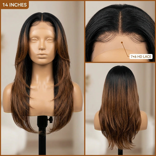 LovelyHair All-Day Comfort Wig 180% Density Butterfly Cut Layered Light Yaki Straight Glueless 7x6 Closure HD Lace Human Hair Wig Pre-Cut Lace