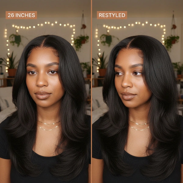 LovelyHair All-Day Comfort Wig 180% Density Butterfly Cut Layered Light Yaki Straight Glueless 7x6 Closure HD Lace Human Hair Wig Pre-Cut Lace
