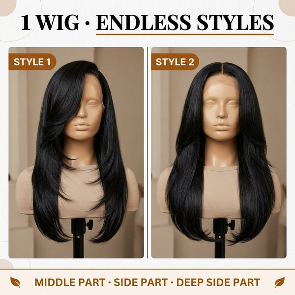 LovelyHair All-Day Comfort Wig 180% Density Butterfly Cut Layered Light Yaki Straight Glueless 7x6 Closure HD Lace Human Hair Wig Pre-Cut Lace