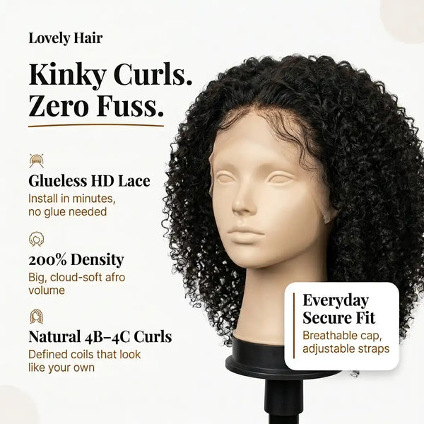 Natural Black - LovelyHair Crown Curls Kinky Curly Glueless Wig – 200% Density Afro Texture