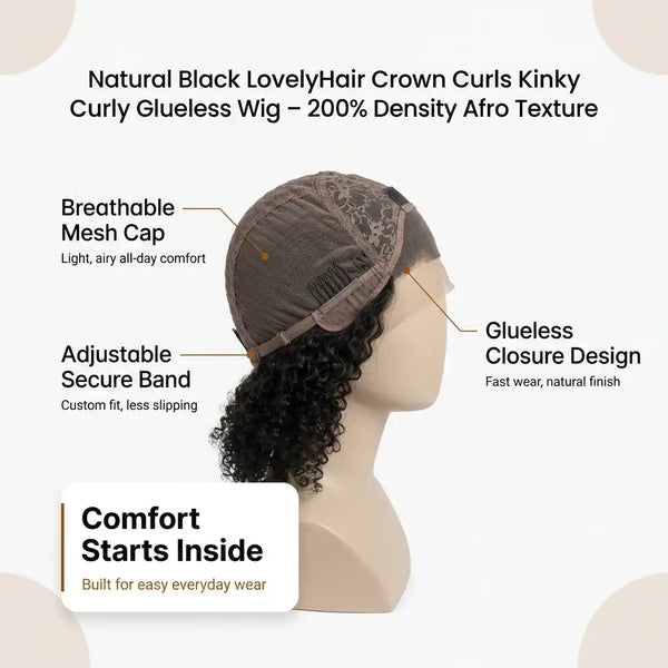 Natural Black - LovelyHair Crown Curls Kinky Curly Glueless Wig – 200% Density Afro Texture