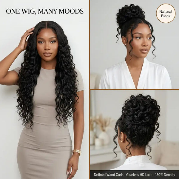 Natural Black - LovelyHair Wand Curl Bouncy Glueless Wig – 180% Density Defined Curls HD Lace
