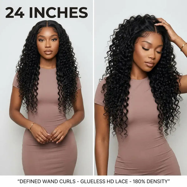Natural Black - LovelyHair Wand Curl Bouncy Glueless Wig – 180% Density Defined Curls HD Lace