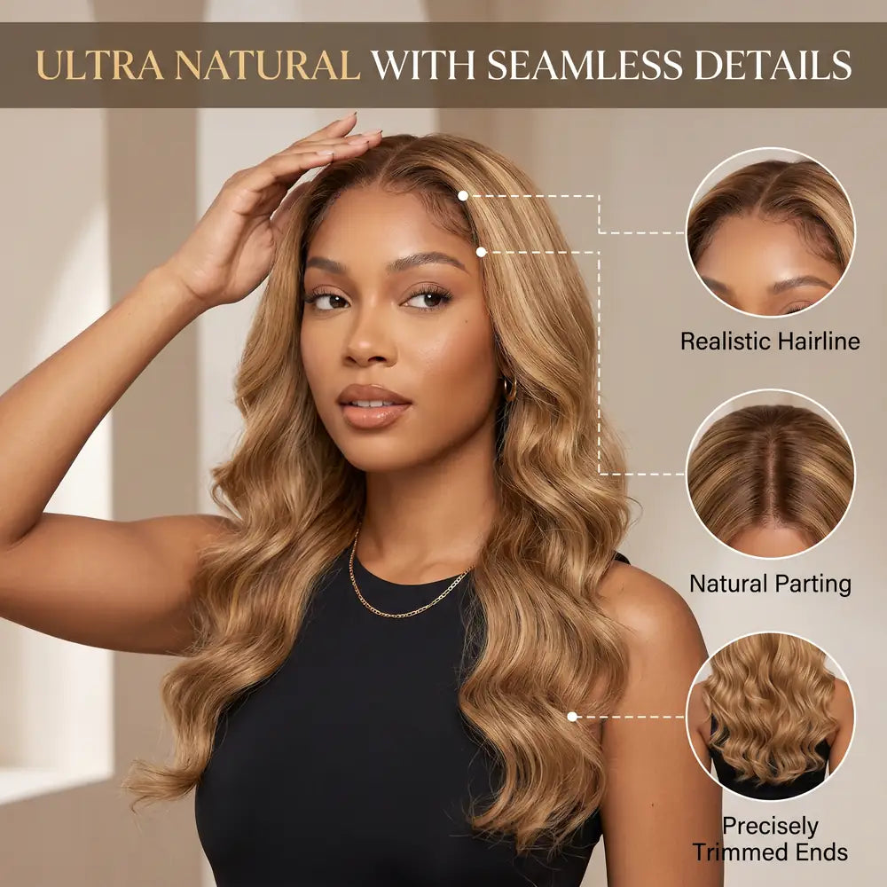 Raw Peruvian Body Wave Wig | Honey Blonde Highlights | 5x5 HD Lace Closure | 18"-26"
