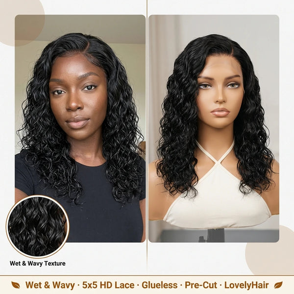 Lily Wet and Wavy 5x5 Closure Pre-Cut Lace Water Wave Wig Glueless Side Part Human Hair Wig