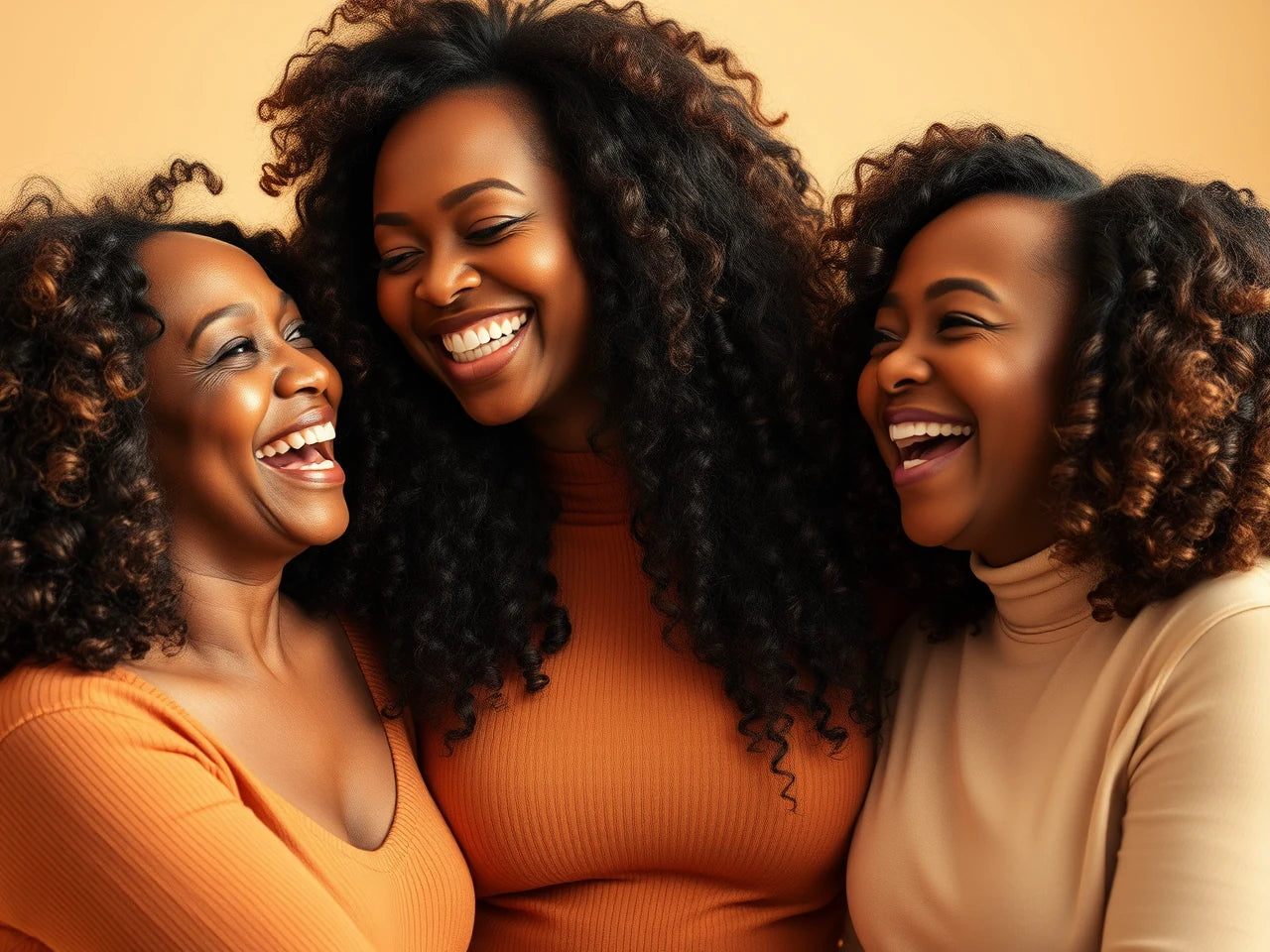 Three joyful women laughing together, each wearing a natural human hair wig