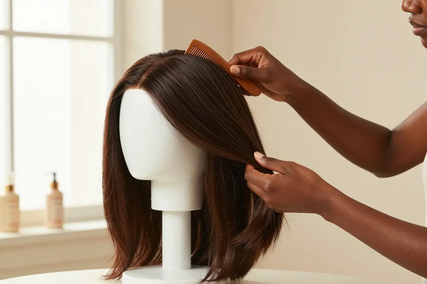 A woman gently detangling a long human hair wig on a stand with a wide-tooth comb before wearing it