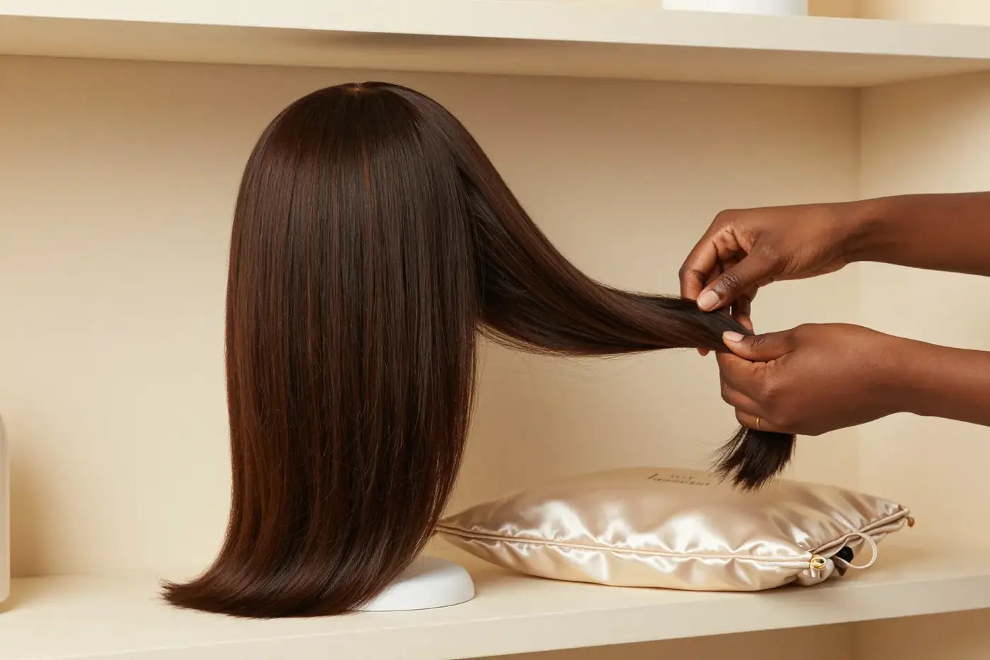 A human hair wig stored neatly on a stand beside a soft satin storage bag