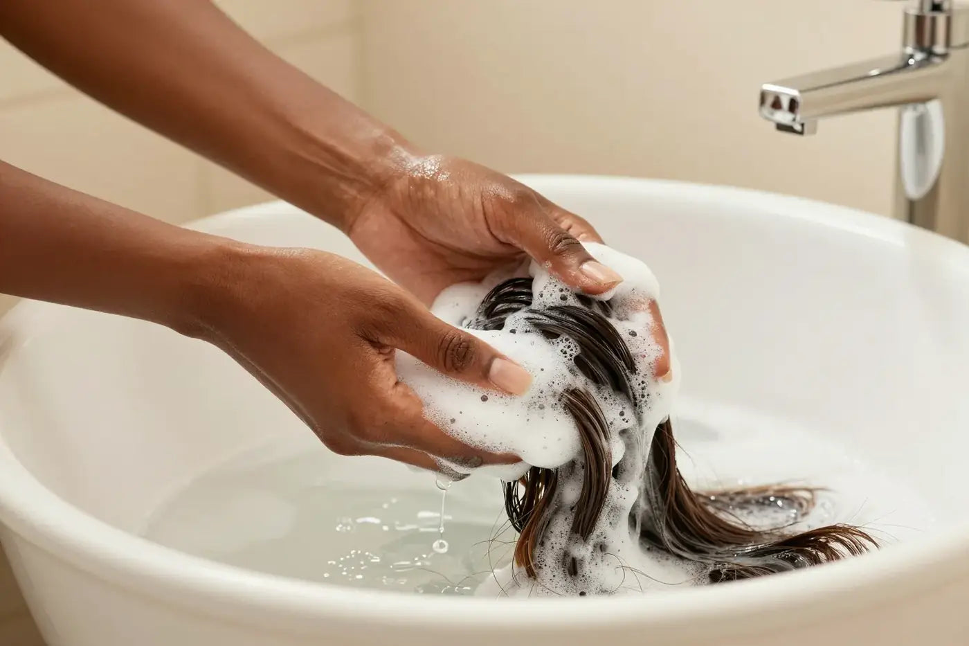 Washing a human hair wig in a basin with sulfate-free shampoo lather